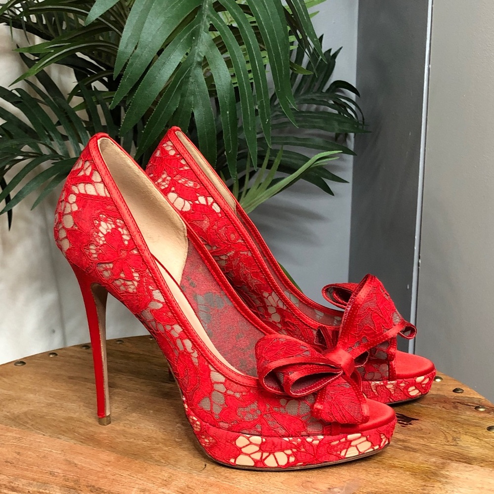 Valentino Red Lace Bow Peep-Toe Stiletto Heels